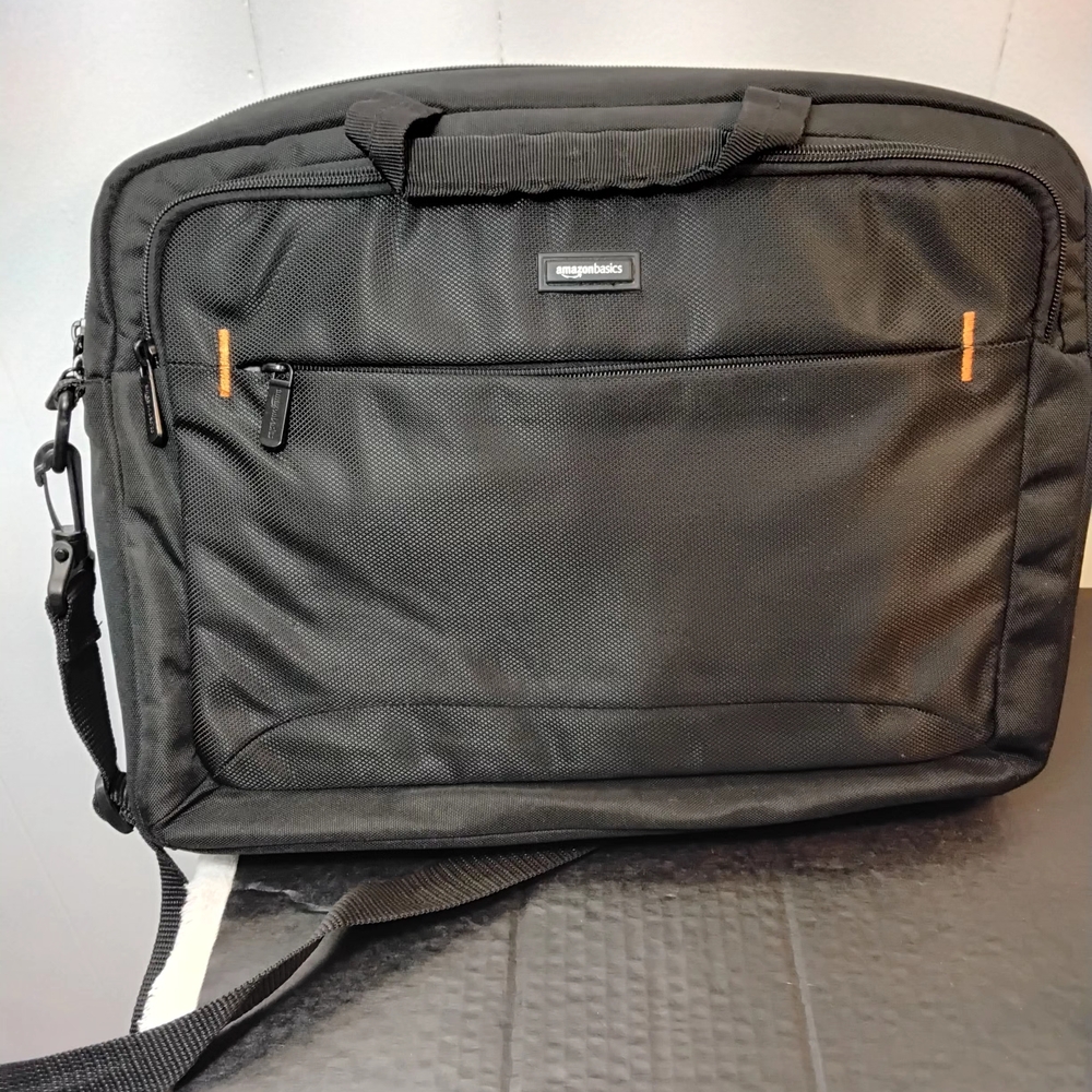 Amazon Essentials Black Laptop Bag with Orange Accents